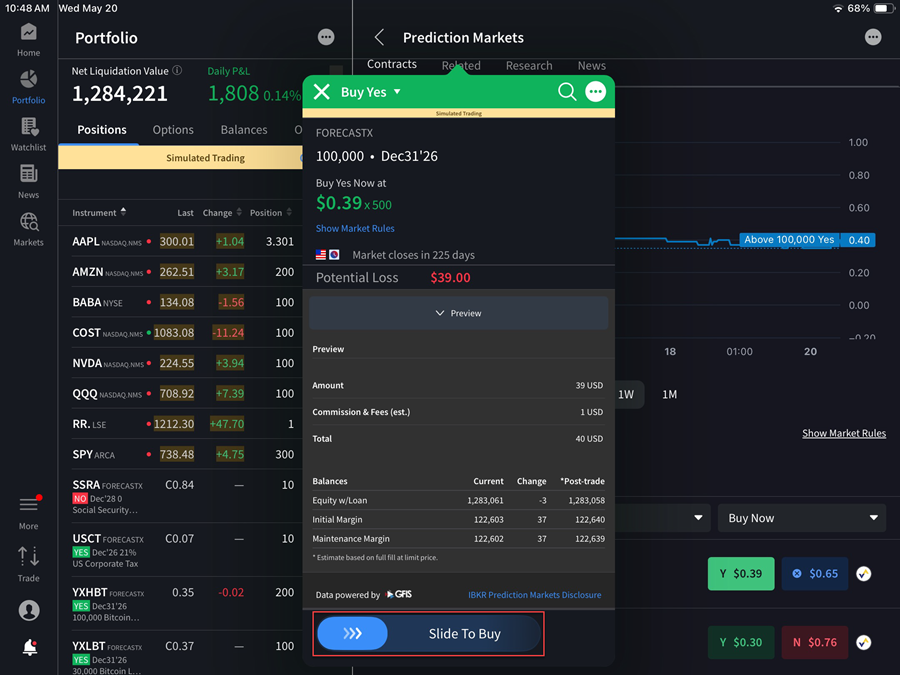 The IBKR ForecastTrader order preview on the iPad